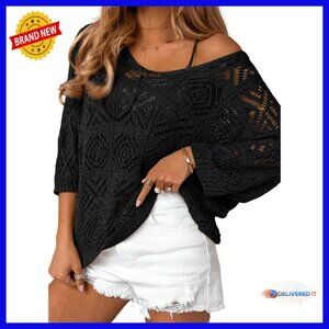 Crochet Hollow Out 3/4 Sleeve Pullover Sweater Off Shoulder Top